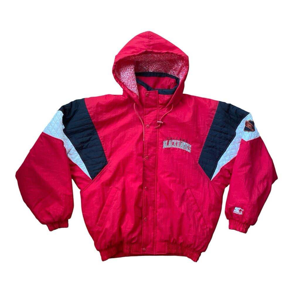Vintage Chicago Blackhawks Jacket Mens Large Red NHL Hockey Hooded Starter 90s